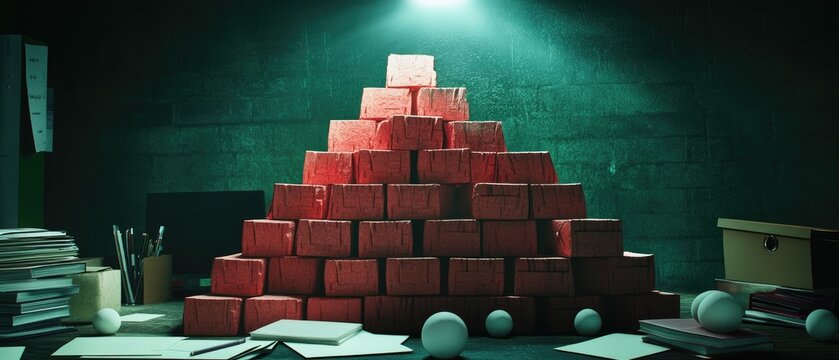 A pyramid of red boxes stacked against a green wall.