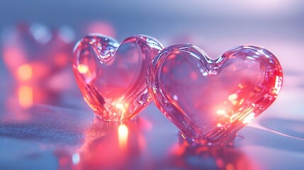 Two translucent glass hearts illuminated with warm light, creating a romantic and loving atmosphere.