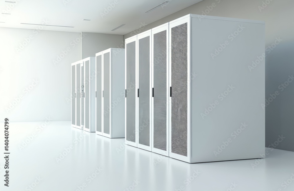 Poster Minimalist server racks in light room. White data center infrastructure for high-speed computing, data storage. Clean design, empty space. Tech, modern facility, online services.