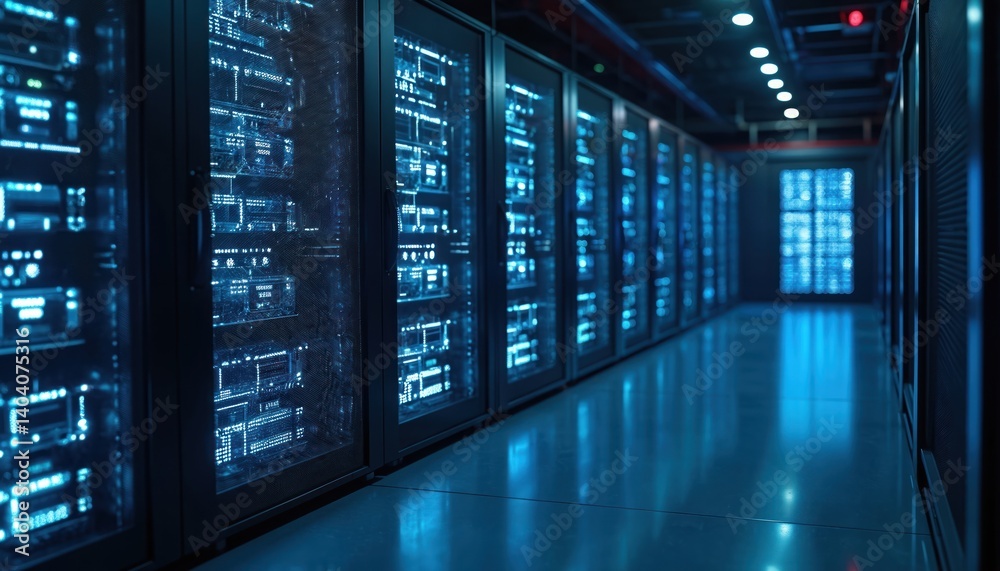 Poster bitcoin crypto mining farm. high tech server computers at work in big data center. cryptocurrency, f