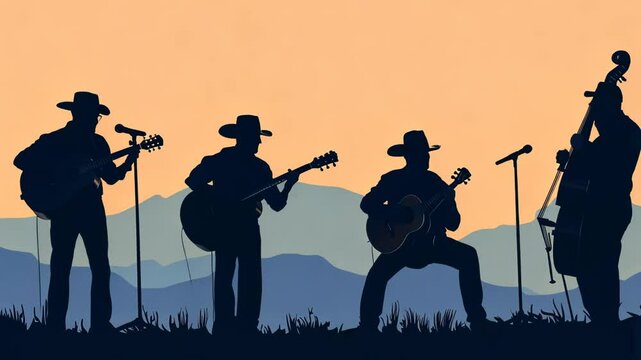 Western Cowboy Silhouette Band Playing Jazz Music Instruments Illustration