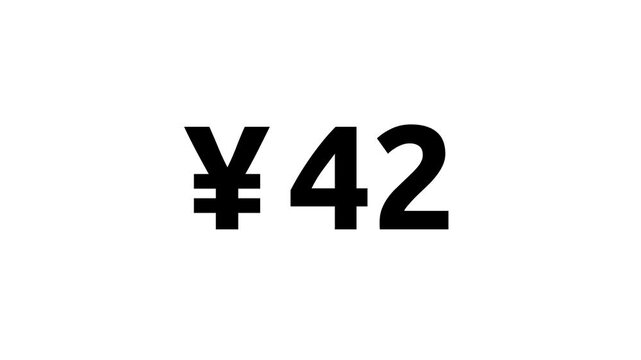 Count-up Japanese Yen animation from 0 to 100 JPY. White, black, Green Screen background. Monetary amount or pricing. Animation starts and end gently with ease-in and ease-out transition