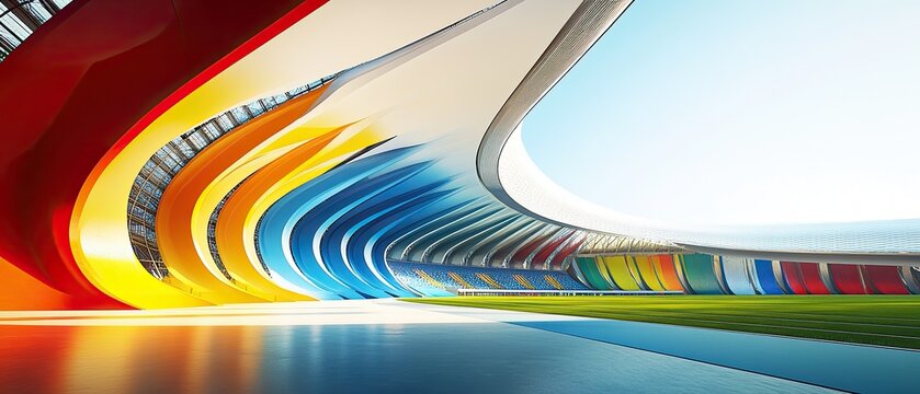 Colorful stadium interior with curved design and green grass.