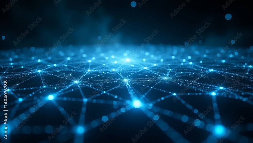 Poster abstract network technology background with glowing blue dots and lines for digital future 3d render
