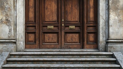 Aged wooden double doors with stone steps leading to entryway