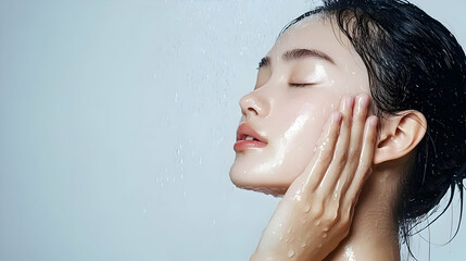 Naklejka premium Serene Young Woman Experiencing Refreshing Water Shower with Wet Hair on Pale Blue Background
