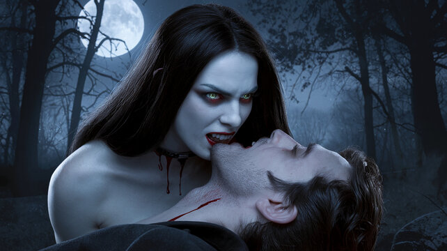 Female vampire biting male neck in dark forest at night, full moon background.  Illustrates gothic horror, darkness, fantasy, and bloodsucking themes