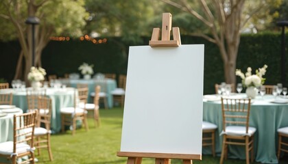 Blank welcome sign on wooden easel at wedding party. Empty white board on green grass with tables chairs. Mockup display for business, event announcement. Outdoor reception, ceremony, celebration.