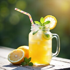 Bright and refreshing homemade lemonade served in a glass with mint and lemon slices on a sunny picnic table