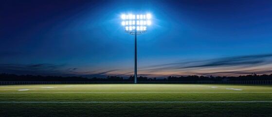 Obraz premium A single stadium light illuminates a green field with white lines under a twilight sky.