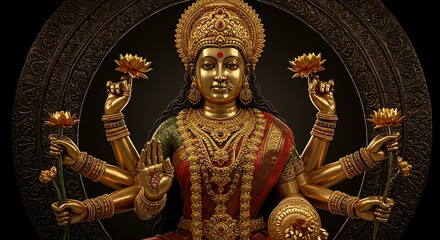 Fototapeta premium Golden Lakshmi statue adorned with jewelry, against ornate dark backdrop