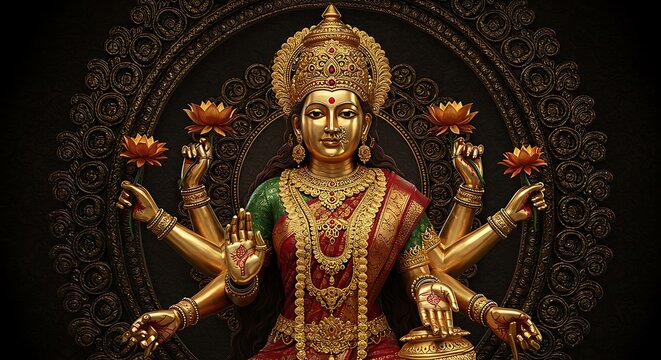 Serene Lakshmi Depiction: Golden Hindu Goddess with Lotus Flowers and Opulence