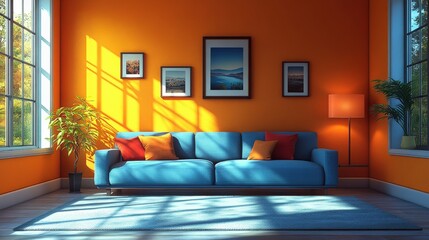 Cozy living room with a blue sofa, colorful cushions, and framed pictures, bathed in warm sunlight