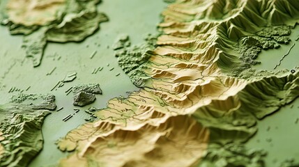 Detailed 3d render of a mountainous landscape with green and beige tones map art low high view model