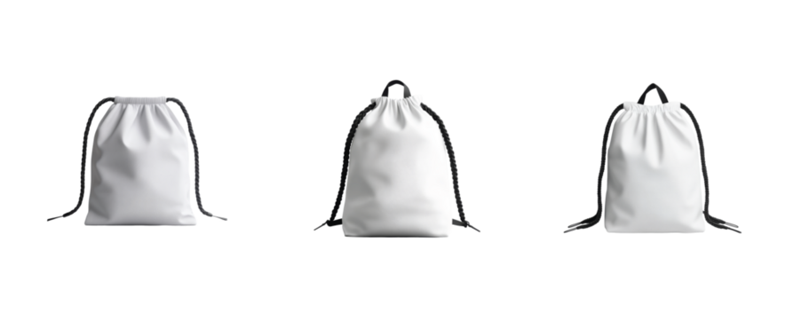 white drawstring bags displayed in a row with black and white string variations