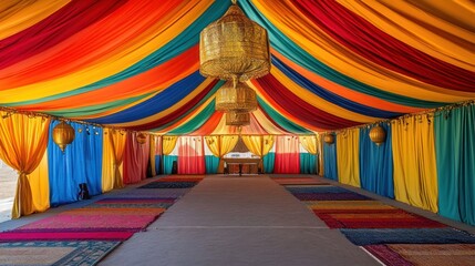 Colorful fabric draped tent interior with rugs and lanterns.