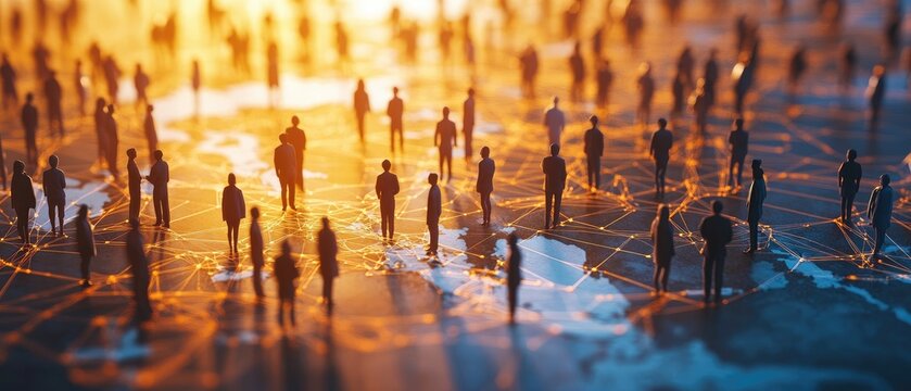 Silhouette figures stand on a world map with a network of lines connecting them.