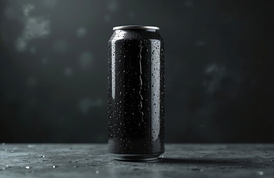 Black aluminum can with condensation water drops. Beverage, soda, energy drink or beer on a dark background. Cold, wet, fresh drink, ideal for product display. Mockup.