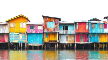 Colorful stilt houses on waterfront, reflecting in calm water against a white background.