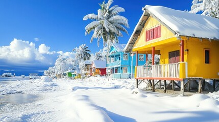 Colorful beach houses covered in snow, palm trees, winter wonderland.