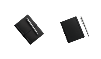 Elegant pen and notebook set with black and brown leather covers for stylish writing