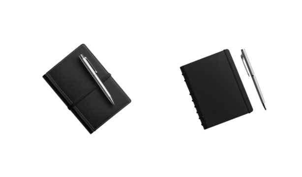 Elegant pen and notebook set with black and brown leather covers for stylish writing