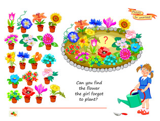 Can you find the flower the girl forgot to plant? Logic puzzle for smartest. Educational game for children. Page for kids brain teaser book. Task for attentiveness. Play online. Flat vector image.