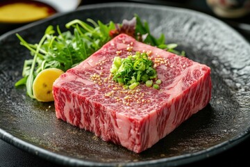Fototapeta premium Serving Wagyu Beef Steak with Fresh Greens and Lemon Slice on Plate