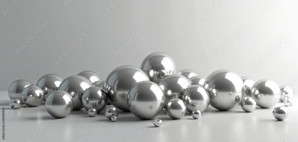Poster shiny metal spheres on gray background. 3d render illustration. abstract geometric shapes, spheres o