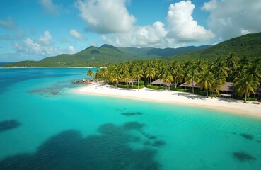 Fototapeta premium Caribbean tropical island coast with turquoise ocean water, white sand beach, palm trees. Calm lagoon, vacation, travel destination at sunny day. Relaxing summer holiday in paradise.