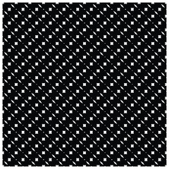 A repeating geometric pattern of white squares and rhombuses on a solid black background, arranged diagonally.