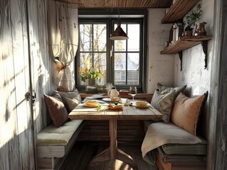 Cozy nook with a wooden dining table set for a meal, bathed in soft sunlight through a window, creating a warm and inviting atmosphere.