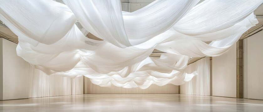 White fabric drapes hang from the ceiling in a large, empty room, creating a sense of weightlessness and tranquility.