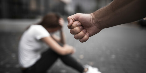 Close-up of a clenched fist, out of focus woman in background, suggesting violence or aggression, symbolizing domestic abuse or assault