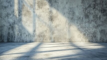Abstract empty concrete wall casting shadows, illuminated by sunlight, creating a minimalist backdrop emphasizing light and texture. Ideal for modern design and architectural themes.