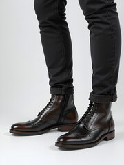 Pair of black leather boots, dress boots for men. Black brogue boots on a white background. Man's legs in black jeans and brown leather boots