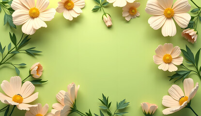 beige color flowers frame on light green background