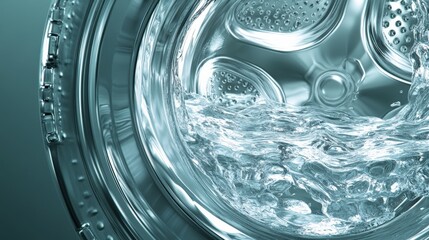Close-up of a washing machine drum filled with water, showcasing splashing motion and reflections