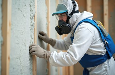 Worker in protective suit insulates wall with polyurethane foam. Construction worker wearing respirator performs thermal insulation, sealing wall. Insulation process for residential home, industrial