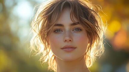 Close-up portrait of a young woman with tousled hair against bright natural sunlight offers.