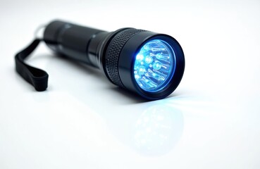 Black UV flashlight on white background. Ultraviolet light beam. LED light with glowing bulbs, security equipment. Detects counterfeit money, documents, hidden objects. Used for gemology, forensics.