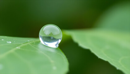 drop of water sitting on top of a green leaf
