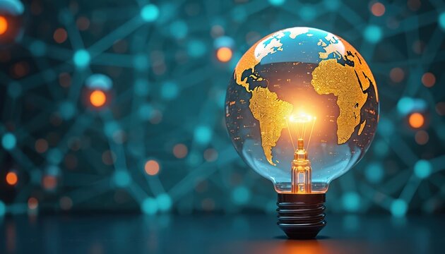 Light bulb with Earth map, represents global idea, innovation concept. Bright glowing filament symbolizes creative thinking, business development, green energy tech. New tech solutions for eco future.