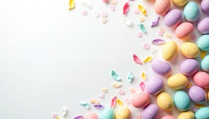 Colorful Easter eggs on white background with copy space. Festive holiday eggs, spring decor with pastel colors, top view composition. Happy Easter concept with creative, minimalist, elegant, modern