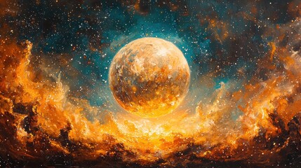 Obraz premium Cosmic Landscape with Celestial Body and Dramatic Cloud Formation