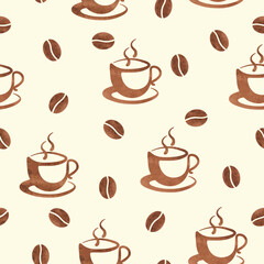 Coffee seamless pattern with beans and cups. Vector watercolor coffee background