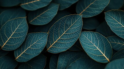 Obraz premium Deep teal leaves, intricate vein patterns. Close-up view of many overlapping leaves, showcasing their rich teal color and delicate, visible veins. A rich, organic texture