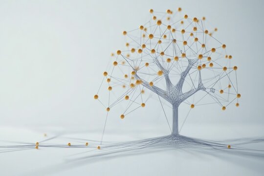 Abstract Tree Representation with Connecting Lines and Spheres on Light Background