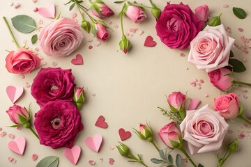 Floral Valentine's Day Arrangement: An elegant and romantic composition of pink and crimson roses, with scattered paper hearts.