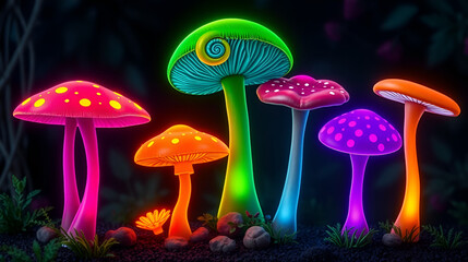 Fantasy magic neon glowing mushroom collection - spotted pink toadstool, curled green cap, luminous orange fungus, rosy cap, purple dotted variety. Mystical forest elements for enchanted game design.